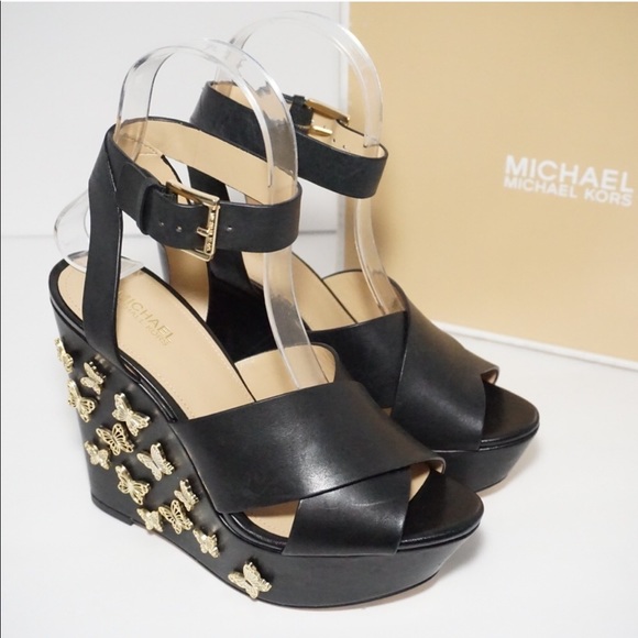 lacey butterfly embellished leather wedge